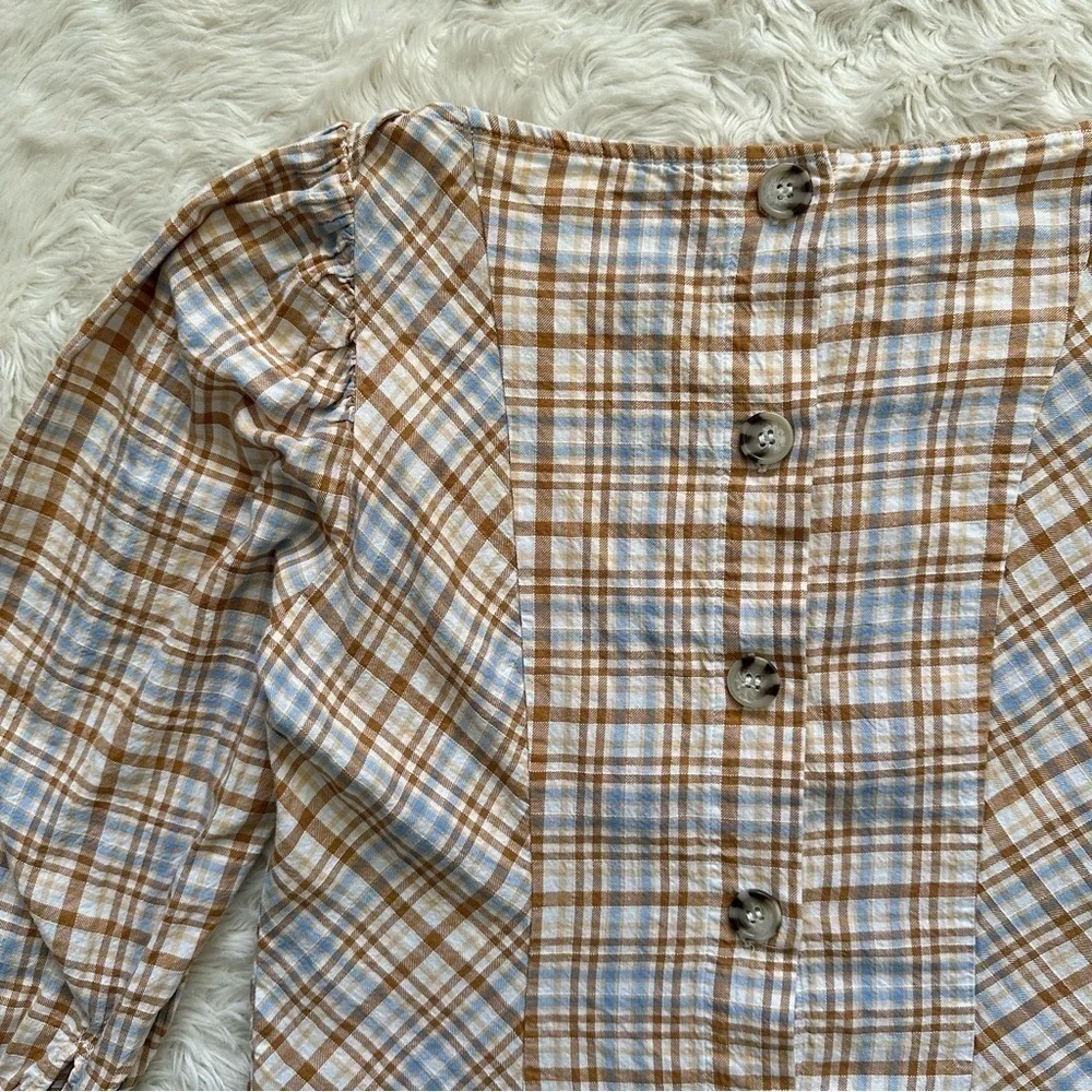 Free People Top Button Back Puff Sleeve Plaid Tan Blue S